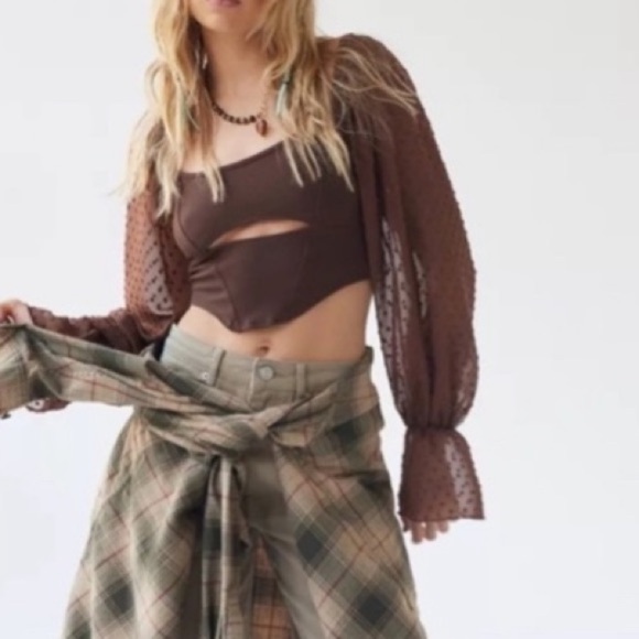 Urban Outfitters Puff Sleeve Blouse Women’s XS Chocolate Brown Cropped Boho Top - Picture 3 of 17